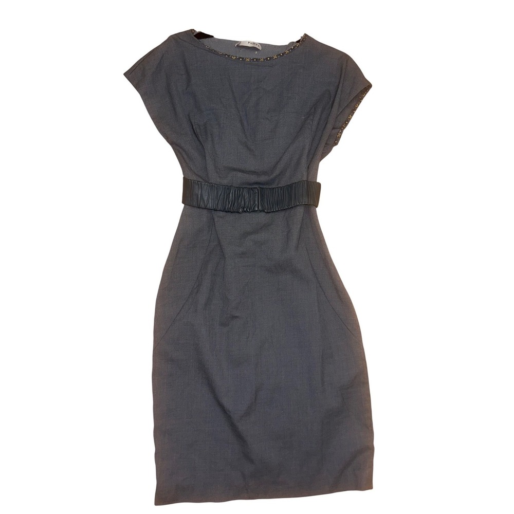 Ports 1961 Vintage designer Charcoal Wool Sheath Dress Leather Belt Size 2